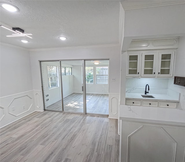 interior space featuring light hardwood / wood-style floors, sink, and crown molding