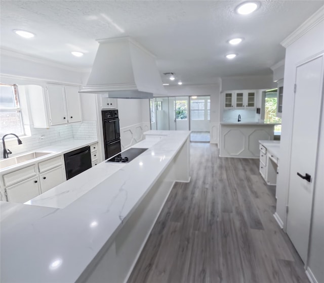 kitchen featuring white cabinets, black appliances, a healthy amount of sunlight, and light stone countertops