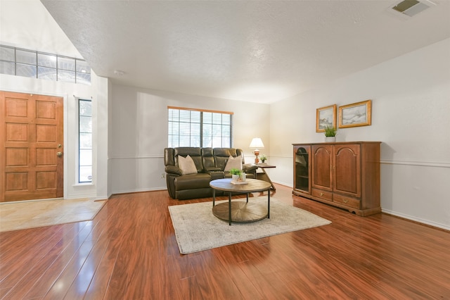 living room with hardwood / wood-style floors and a textured ceiling