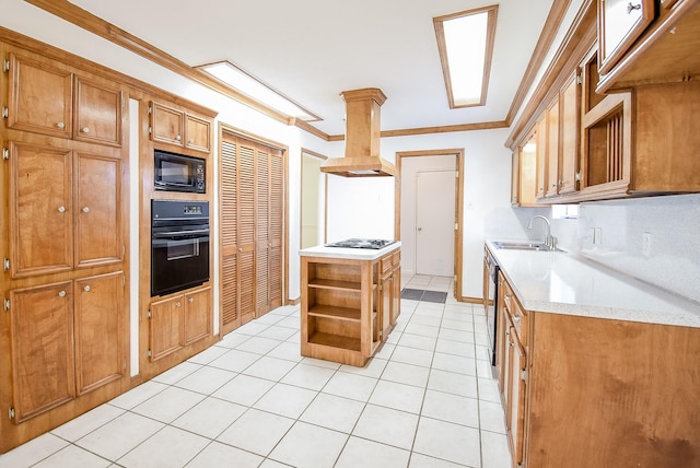 kitchen featuring premium range hood, black appliances, sink, ornamental molding, and light tile patterned floors