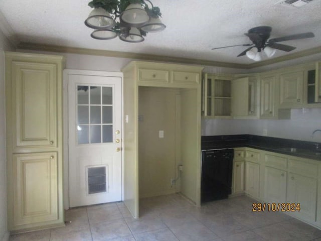 kitchen with black dishwasher, ceiling fan with notable chandelier, a textured ceiling, and sink