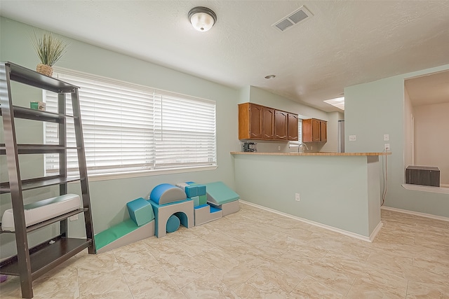 game room featuring a textured ceiling and sink