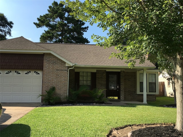 single story home with a garage, a porch, and a front lawn