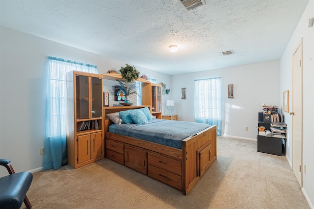 bedroom featuring multiple windows, light colored carpet, and a textured ceiling