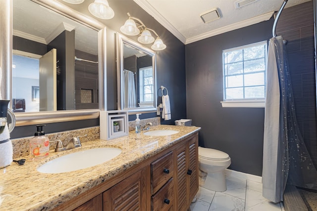 bathroom featuring a shower with curtain, crown molding, vanity, and toilet