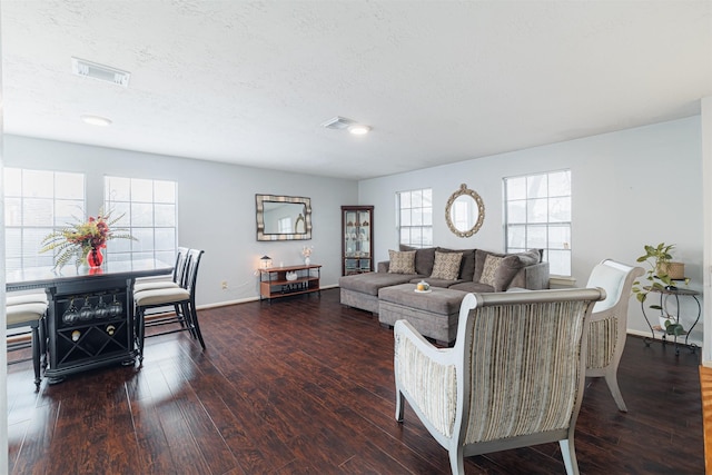 living room featuring a textured ceiling and dark hardwood / wood-style flooring