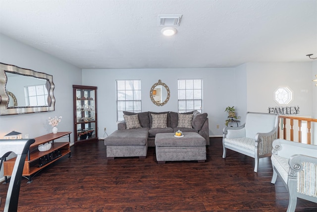 living room with dark hardwood / wood-style flooring and a textured ceiling