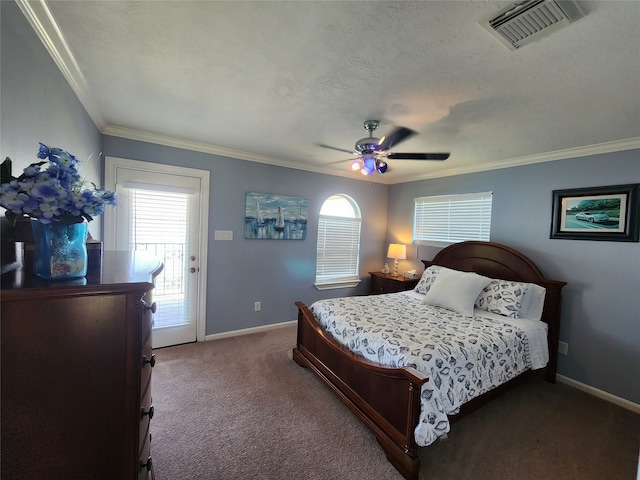 bedroom featuring access to outside, carpet floors, a textured ceiling, ornamental molding, and ceiling fan