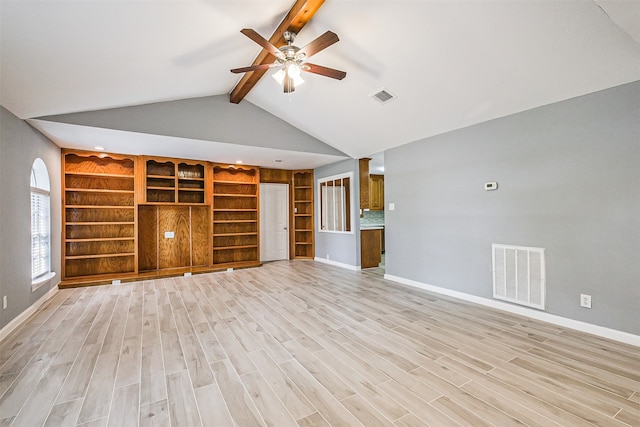 unfurnished living room with light wood-type flooring, ceiling fan, and vaulted ceiling with beams