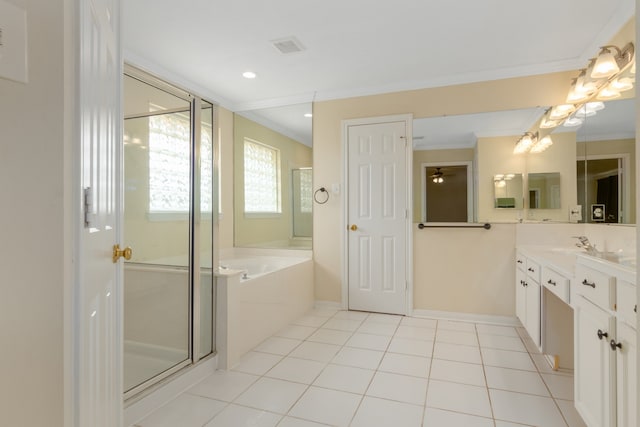 bathroom with ornamental molding, vanity, tile patterned floors, and independent shower and bath