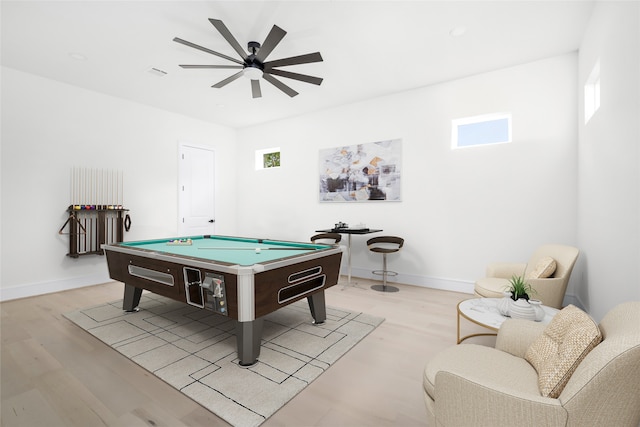 playroom with light hardwood / wood-style floors, ceiling fan, plenty of natural light, and pool table