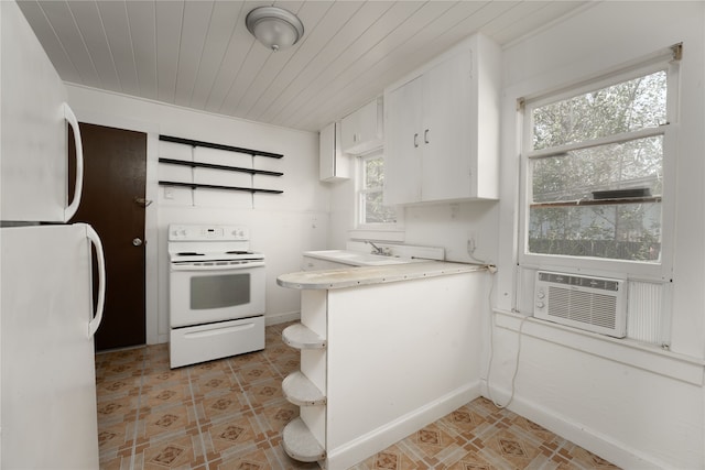 kitchen with sink, white appliances, wood ceiling, and white cabinets