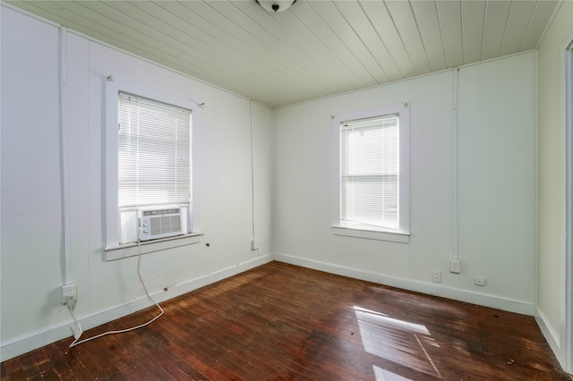 spare room with dark hardwood / wood-style flooring, cooling unit, and wooden ceiling