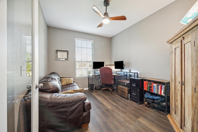 office area featuring ceiling fan and dark hardwood / wood-style floors