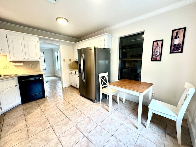 kitchen featuring light tile patterned flooring, crown molding, white cabinetry, stainless steel refrigerator with ice dispenser, and dishwasher