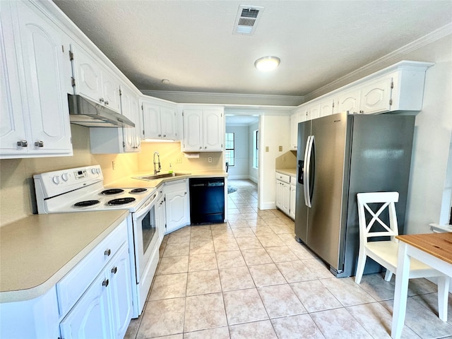 kitchen featuring ornamental molding, stainless steel fridge with ice dispenser, white electric stove, sink, and dishwasher