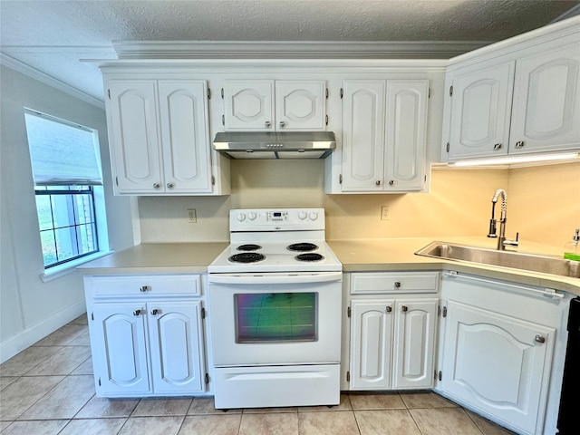 kitchen featuring white cabinets, white electric range, and ornamental molding