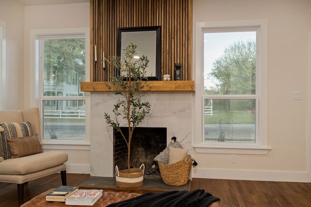 sitting room featuring dark wood-type flooring, a healthy amount of sunlight, and a fireplace