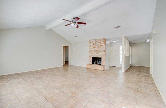 unfurnished living room featuring ceiling fan, a brick fireplace, vaulted ceiling with beams, a textured ceiling, and light tile patterned floors