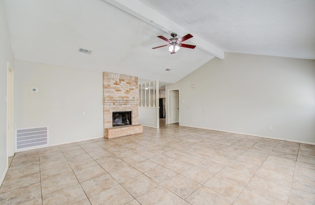 unfurnished living room featuring vaulted ceiling with beams, a brick fireplace, ceiling fan, and light tile patterned flooring