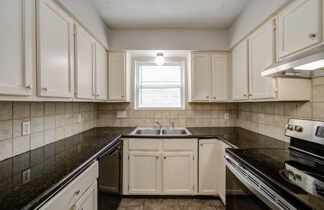 kitchen with electric stove, sink, decorative backsplash, black dishwasher, and white cabinetry