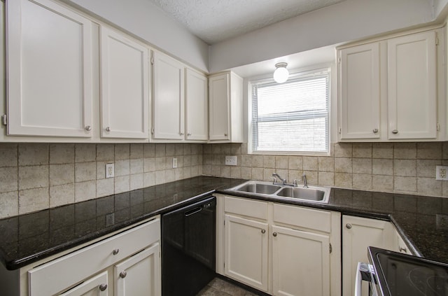 2046 Lexington Woods Dr, Spring, TX 77373 - kitchen with black dishwasher, electric range oven, a sink, tasteful backsplash, and a textured ceiling