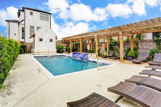 view of swimming pool featuring a patio, a pergola, and pool water feature