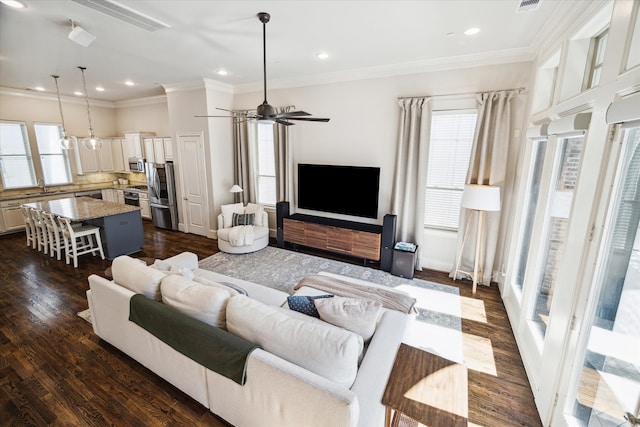 living room with dark hardwood / wood-style flooring, sink, ceiling fan, and plenty of natural light