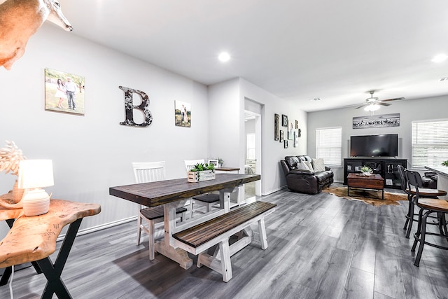 dining room with ceiling fan and wood-type flooring