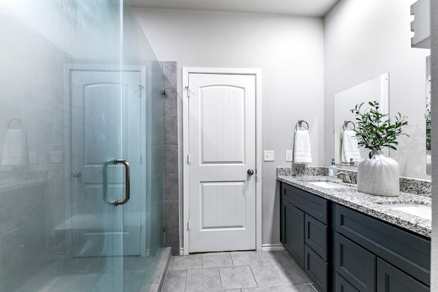 bathroom with tile patterned floors, vanity, and a shower with door