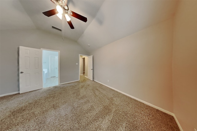 unfurnished bedroom featuring ceiling fan, carpet flooring, and lofted ceiling