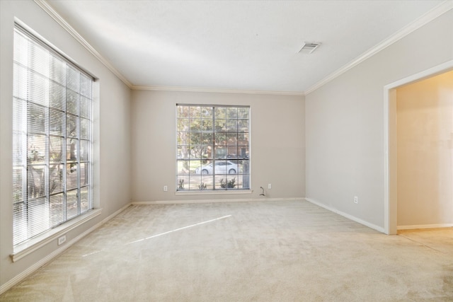 carpeted spare room with ornamental molding