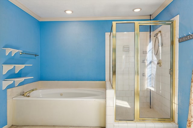 bathroom featuring plus walk in shower and ornamental molding