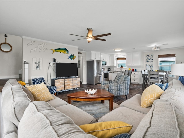 living room with crown molding, ceiling fan, and dark hardwood / wood-style floors