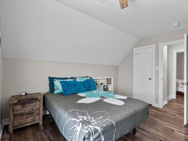 bedroom featuring ceiling fan, wood-type flooring, and lofted ceiling