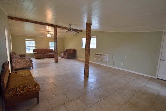 living room with wooden ceiling, a wall mounted AC, light tile patterned floors, and vaulted ceiling with beams