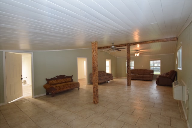 interior space with wooden ceiling, light tile patterned flooring, ceiling fan, a wall mounted AC, and vaulted ceiling