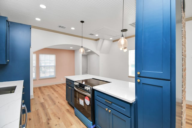 kitchen with crown molding, light stone countertops, electric range, and decorative light fixtures