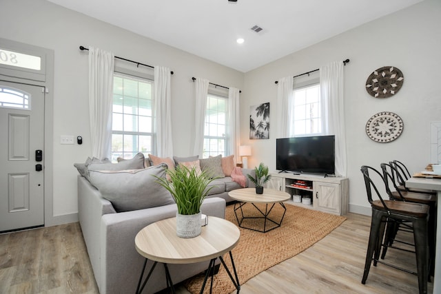 living room with light hardwood / wood-style flooring