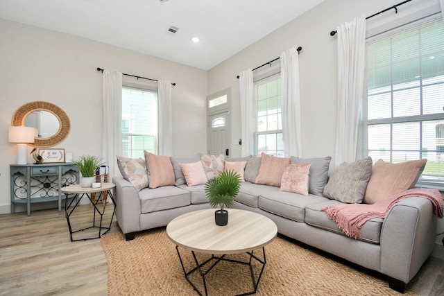 living room with light hardwood / wood-style flooring