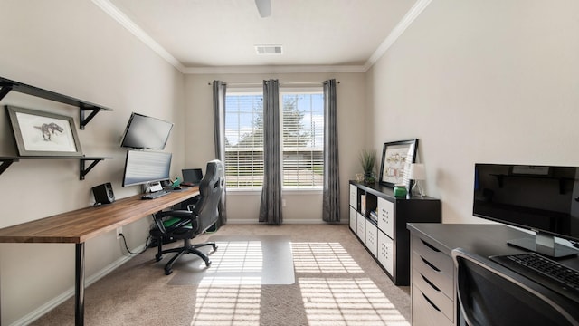 carpeted home office with crown molding