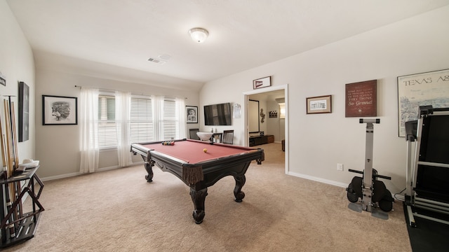 rec room featuring light carpet, pool table, and vaulted ceiling