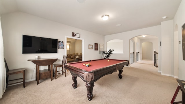 playroom with light colored carpet, vaulted ceiling, and pool table