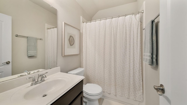 full bathroom with vanity, toilet, lofted ceiling, and shower / tub combo with curtain