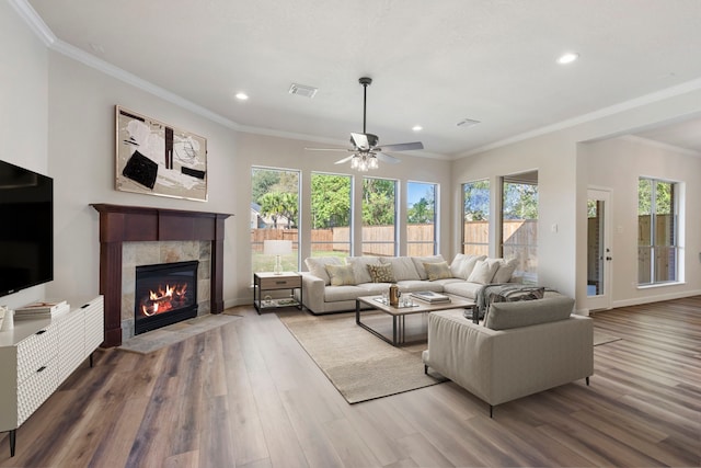 living room featuring crown molding, a fireplace, and wood-type flooring