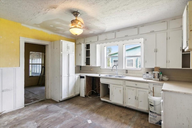 kitchen featuring white cabinets, hardwood / wood-style floors, a textured ceiling, and sink