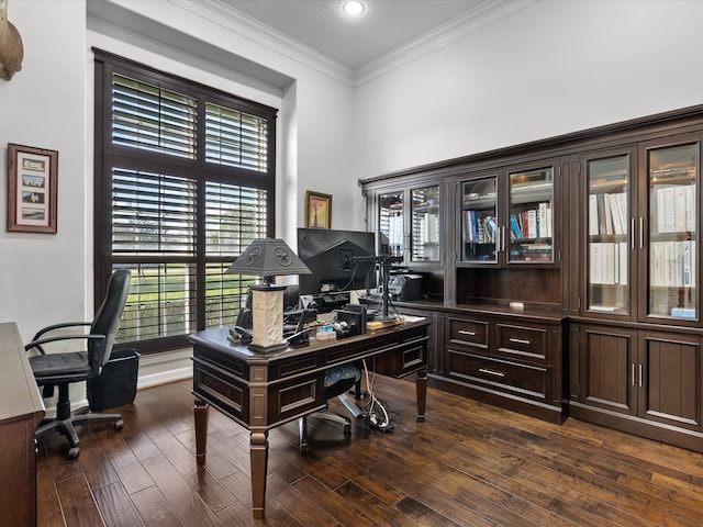 office area featuring dark hardwood / wood-style flooring and crown molding