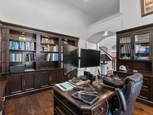 home office with dark hardwood / wood-style flooring, a chandelier, and crown molding