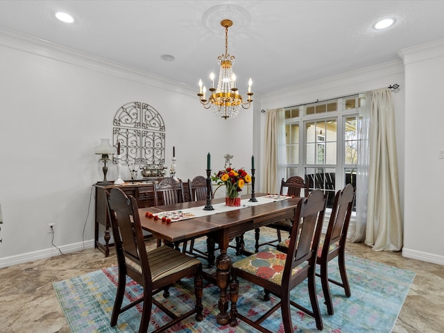 dining space with an inviting chandelier and crown molding