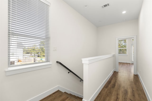 hall with a wealth of natural light and dark wood-type flooring